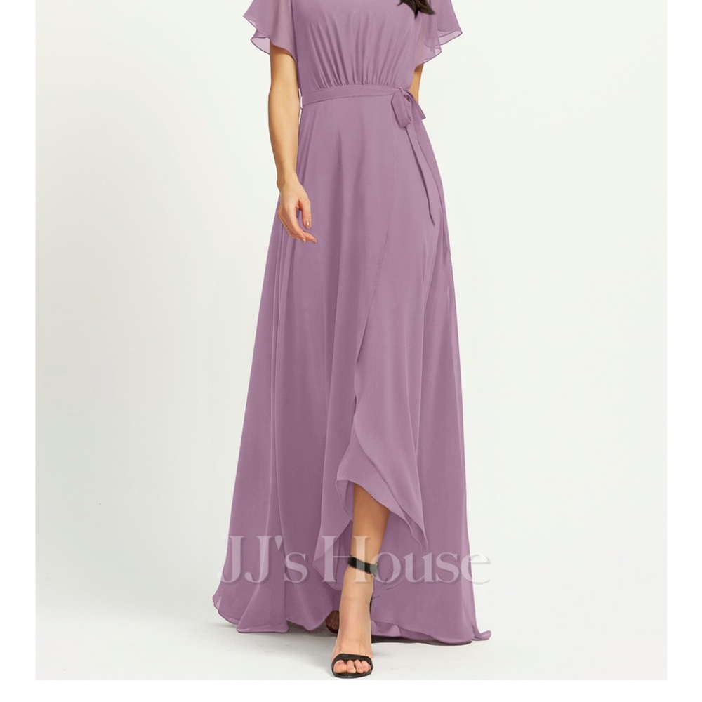 Purple Asymmetrical Wrap Dress with Flutter Sleeves